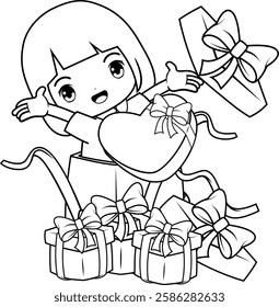 Valentine Day Coloring Page with cute girl
