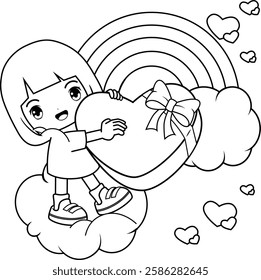 Valentine Day Coloring Page with cute girl