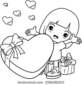 Valentine Day Coloring Page with cute girl