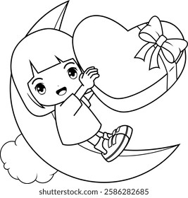 Valentine Day Coloring Page with cute girl