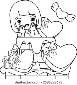 Valentine Day Coloring Page with cute girl