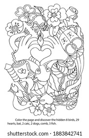 Valentine day. Coloring Page with Game to Find Hidden Objects. Symbols of Love. Worksheet. Hand drawn vector illustration.