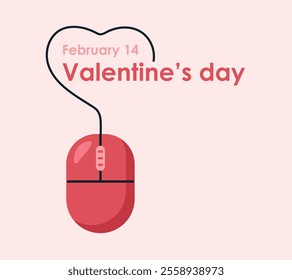 Valentine Day Computer Mouse, heart-shaped cord. Greeting card for IT, programmer with text February 14. Red controller with Cable, wheel. hardware, technology. Flat style. Color vector illustration