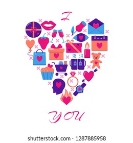Valentine day concept banner with love icons in flat style