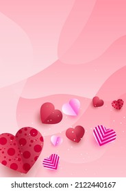 Valentine day concept greeting card. Vector illustration. Flat red and pink paper hearts with frame on geometric background. Cute love sale banners or poster
