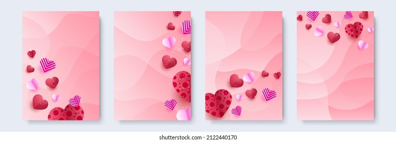 Valentine day concept greeting card. Vector illustration. Flat red and pink paper hearts with frame on geometric background. Cute love sale banners or poster