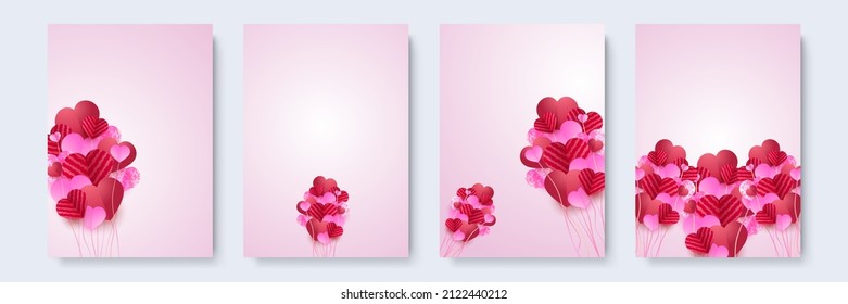 Valentine day concept greeting card. Vector illustration. Flat red and pink paper hearts with frame on geometric background. Cute love sale banners or poster