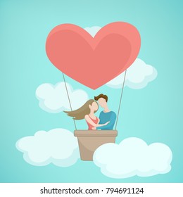 Valentine day concept illustration. Couple flying in big red heart shape air baloon. Man woman in love hugs. Romantic travel trip. Blue sky background with fluffy clouds. Vector design illustration.