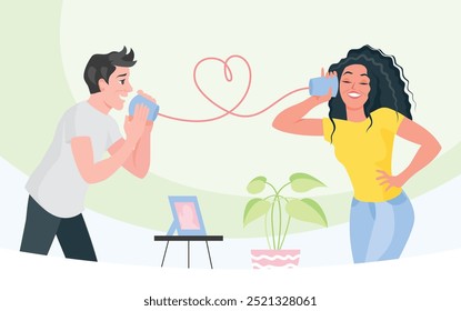 Valentine day concept illustration. A man sends love messages to a woman.