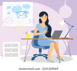 Valentine day concept illustration. A woman works on a computer and receives love messages.