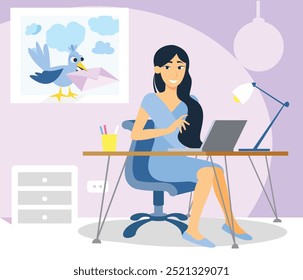 Valentine day concept illustration. A woman works on a computer and receives love messages.