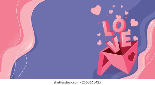 Valentine Day concept. Love 3d word and plenty pink hearts fly out of open gift box, against violet background and copy space for promo text. Vector illustration