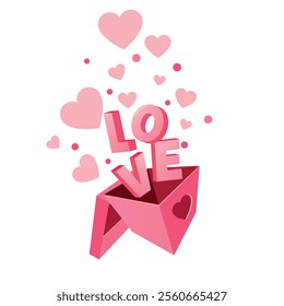 Valentine Day concept. Love 3d word and plenty pink hearts flying out of open gift box, isolated on white background. Valentines day sale design element