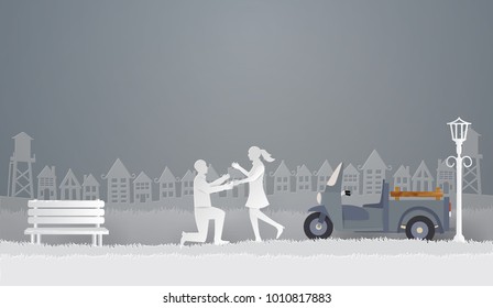 Valentine Day Concept with Lovers get married in the park, paper craft style and illustration