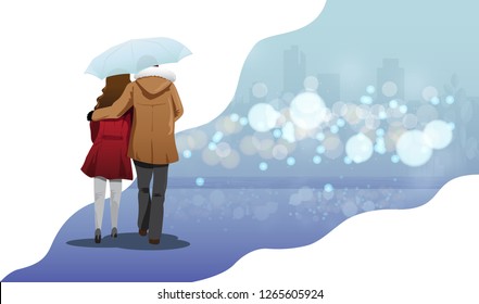 Valentine day concept, loving couple walking under umbrella in the autumn season background, Vector illustration graphic design.