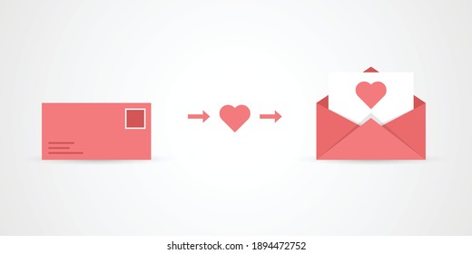 Valentine day concept. Valentine mail sending illustration. Open valentine mail illustration.