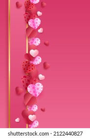 Valentine day concept posters set. Vector illustration. 3d red and pink paper hearts with frame on geometric background. Cute love sale banners or greeting cards