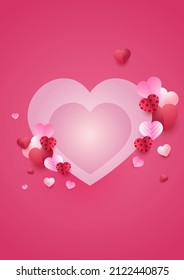 Valentine day concept posters set. Vector illustration. 3d red and pink paper hearts with frame on geometric background. Cute love sale banners or greeting cards