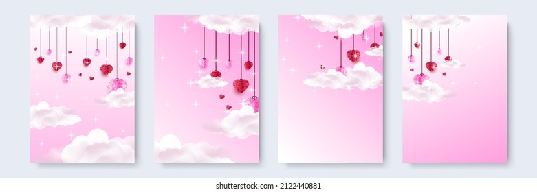 Valentine day concept posters set. Vector illustration. 3d red and pink paper hearts with frame on geometric background. Cute love sale banners or greeting cards