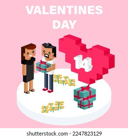 Valentine day concept. Red pixel heart flower with sweet couple on honeymoon vacation summer holidays romance. Love isometric concept. Happy Valentines Day 14. Love, honesty, romantic, relationship