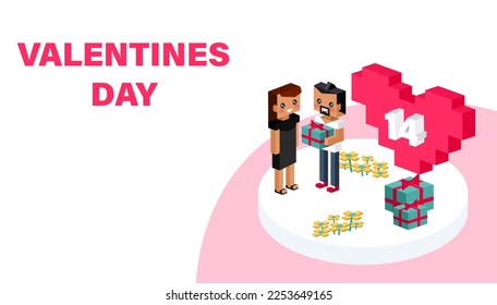 Valentine day concept. Red pixel heart flower with sweet couple on honeymoon vacation summer holidays romance. Love isometric concept. Happy Valentines Day 14. Love, honesty, romantic, relationship