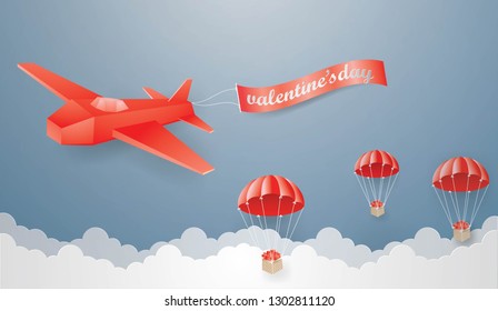 Valentine Day Concept with Red plane on the sky and Heart in the basket flying on Parachute Air Shipping,Paper art vector and illustration.