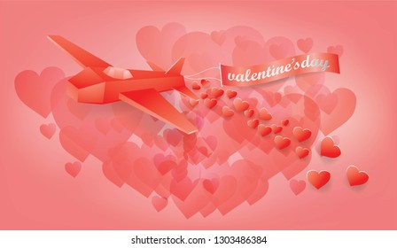 Valentine Day Concept with Red plane and and Heart on the sky,Paper art vector and illustration.