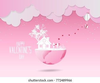Valentine day ,Concept sweetheart beside the bicycle and tree on the world . Paper art style vector illustration.