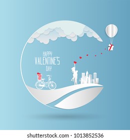 Valentine day , Concept two enamored beside the bicycle and building with blue background,paper art and craft style.vector illustration.