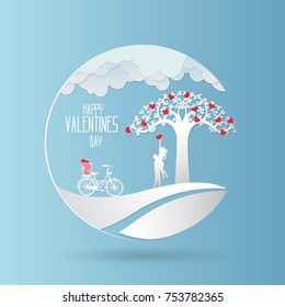 Valentine day , Concept two enamored beside the bicycle and tree with blue background,paper art and craft style.vector illustration.