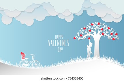 Valentine day , Concept two enamored beside the bicycle and tree with blue background,paper art and craft style.vector illustration.