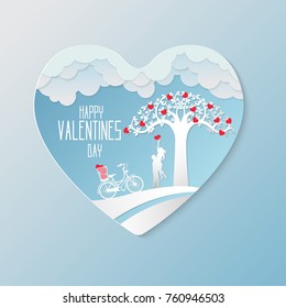 Valentine day , Concept two enamored beside the bicycle and tree with blue background,paper art and craft style.vector illustration.