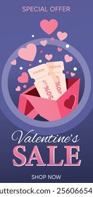 Valentine Day concept. Two promo code Coupons and plenty pink hearts fly out of open gift box, against the violet background and copy space. Valentines day sale design element