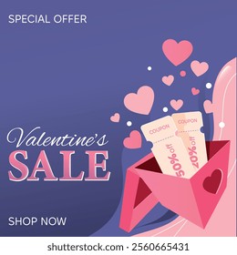 Valentine Day concept. Two promo code Coupons and plenty pink hearts fly out of open gift box, against the violet background and copy space. Valentines day sale design element