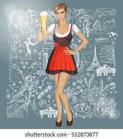 Valentine day concept. Vector cute woman in drindl against Valentine day elements background
