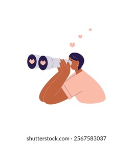 Valentine Day concept: a young single girl waiting for love. She's looking through binoculars with hearts in focus. Vector