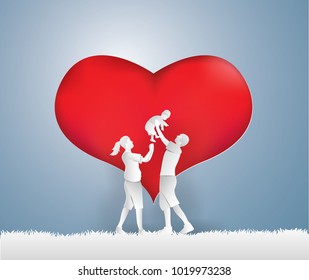 
Valentine Day Concept,Happy family on gray grass with heart background,paper craft style.
