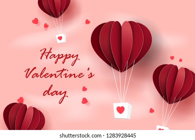 Valentine day concept,Heart air balloon made origami float over pink background,Valentine day concept,Paper art style.