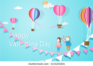 Valentine day concept,Origami made paper balloon over cloud with blue sky,Paper art idea and digital craft style.