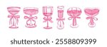 Valentine day coquettish cocktail set, vector watercolor wine glass illustration, pink girly drinks. Love potion alcohol beverages, wedding romantic design, ribbon bow, heart. Valentine cocktail icon