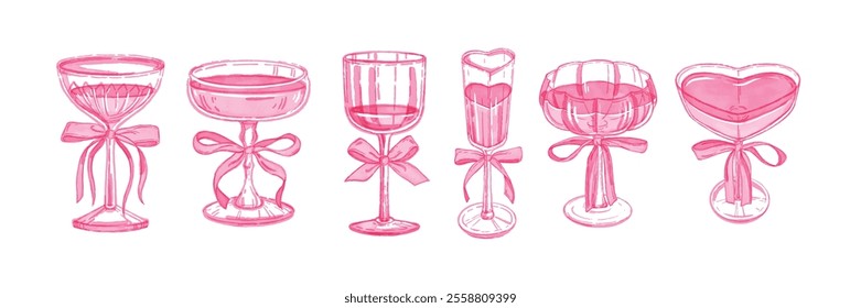 Valentine day coquettish cocktail set, vector watercolor wine glass illustration, pink girly drinks. Love potion alcohol beverages, wedding romantic design, ribbon bow, heart. Valentine cocktail icon