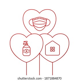 Valentine day coronavirus heart balloon banner. Valentine love events and holidays during a pandemic Vector illustration on white background. Covid prevention.