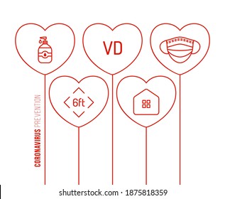 Valentine day coronavirus outline heart balloon banner. Valentine love events and holidays during a pandemic Vector illustration on white background. Covid prevention.