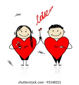 Valentine day. Couple with big red hearts for your design