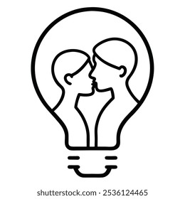 Valentine day couple kissing outline character in bulb color line art vector.