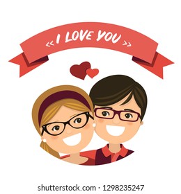 Valentine day. Couple in love. Boy and girl with glasses and ribbon I love you