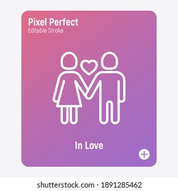 Valentine day: couple in love, girl and boy are holding hands and heart between them. Thin line icon. Pixel perfect, editable stroke. Vector illustration.