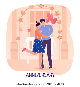 Valentine day couple man and woman during hug on background of festive decorations flat vector illustration