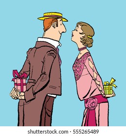 Valentine day, a couple man and woman give gifts. Vector cartoon illustration of retro style.