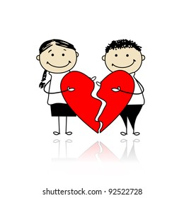 Valentine day. Couple with two parts of big red heart